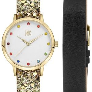 I.N.C. Glitter Faux Leather Two Strap 36mm Watch
